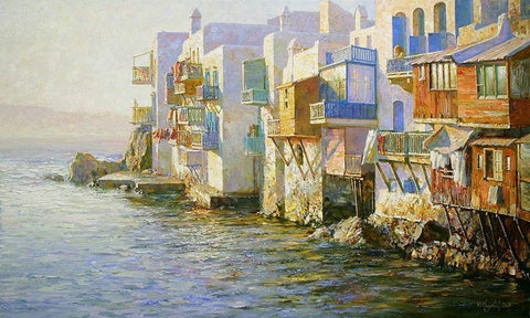 Island Mikonos White Modern Wood Framed Art Print with Double Matting by Obuchovsky, Yury