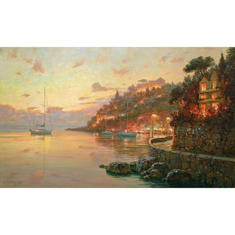 Evening Lights in Liguria White Modern Wood Framed Art Print by Obuchovsky, Yury