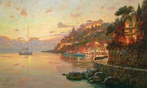 Evening Lights in Liguria White Modern Wood Framed Art Print with Double Matting by Obuchovsky, Yury