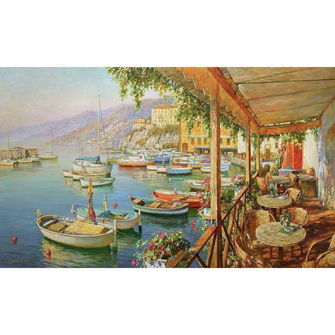 Cafe near Sea White Modern Wood Framed Art Print by Obuchovsky, Yury