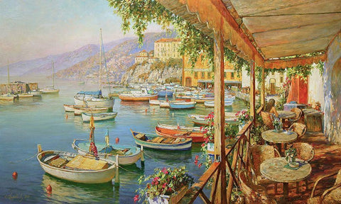 Cafe near Sea White Modern Wood Framed Art Print with Double Matting by Obuchovsky, Yury