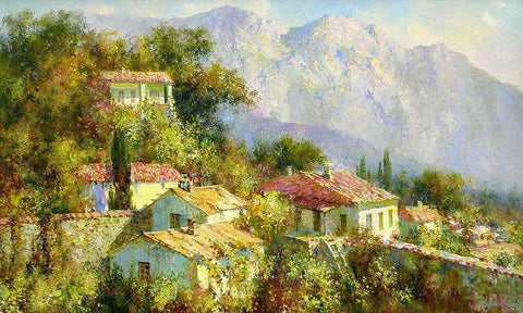 Red Roofs in Village Black Ornate Wood Framed Art Print with Double Matting by Obuchovsky, Yury