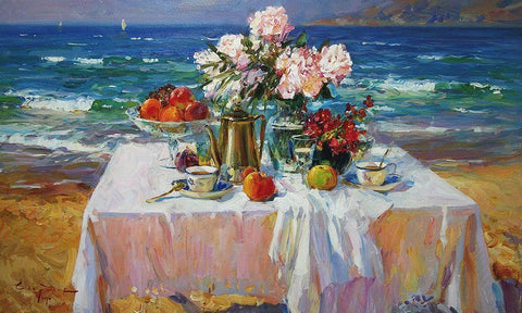 A Table by the Sea II Black Ornate Wood Framed Art Print with Double Matting by Sviridov, Sergei