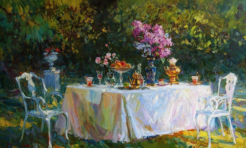 A Table in Garden IX White Modern Wood Framed Art Print with Double Matting by Sviridov, Sergei
