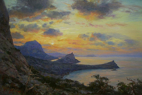 Sunset over  the Sea Black Ornate Wood Framed Art Print with Double Matting by Sviridov, Sergei