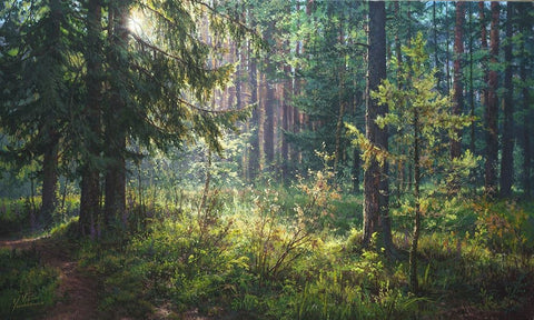 The Secret of the Morning Forest White Modern Wood Framed Art Print with Double Matting by Yushkevich, Viktor