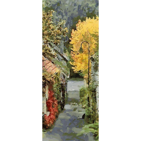 Village Street in Autumn Black Modern Wood Framed Art Print by Medeiros, Celito