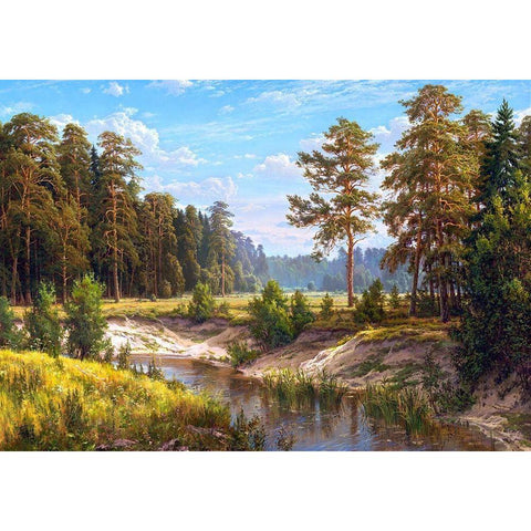 Forest river White Modern Wood Framed Art Print by Basov, Sergej