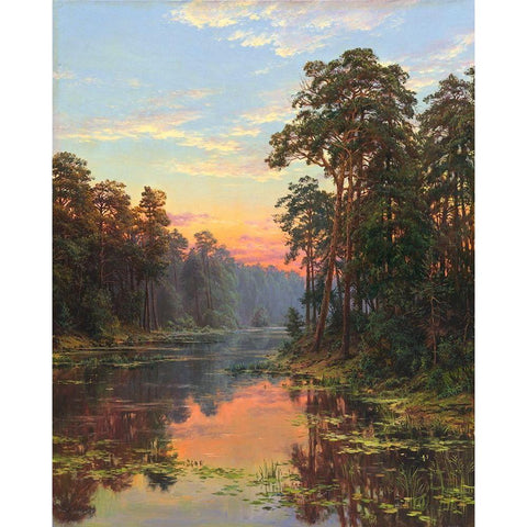 Evening at the lake Black Modern Wood Framed Art Print with Double Matting by Basov, Sergej