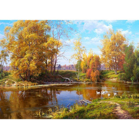 Village pond - autumn Black Modern Wood Framed Art Print with Double Matting by Basov, Sergej