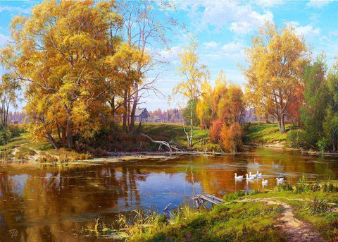 Village pond - autumn Black Ornate Wood Framed Art Print with Double Matting by Basov, Sergej