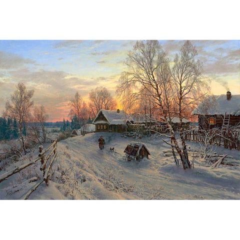 Winter evening in the village White Modern Wood Framed Art Print by Basov, Sergej