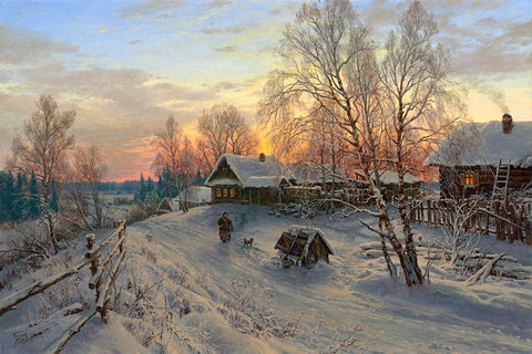 Winter evening in the village Black Ornate Wood Framed Art Print with Double Matting by Basov, Sergej