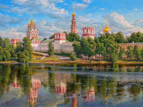 Novodevichy monastery White Modern Wood Framed Art Print with Double Matting by Basov, Sergej