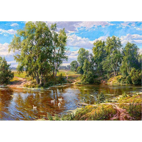 Village pond Gold Ornate Wood Framed Art Print with Double Matting by Basov, Sergej