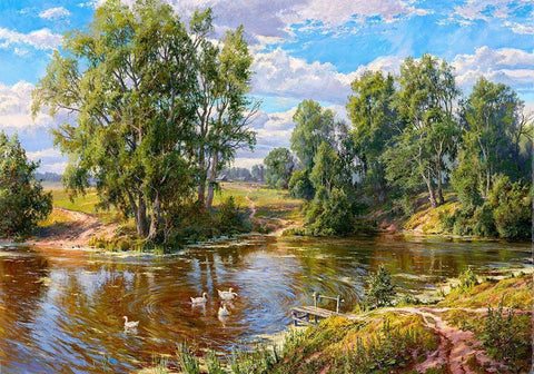 Village pond Black Ornate Wood Framed Art Print with Double Matting by Basov, Sergej