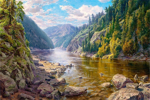 Mountain river Black Ornate Wood Framed Art Print with Double Matting by Basov, Sergej