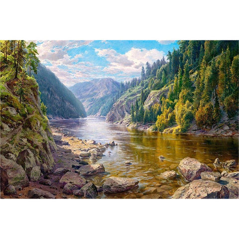 Mountain river Black Modern Wood Framed Art Print by Basov, Sergej