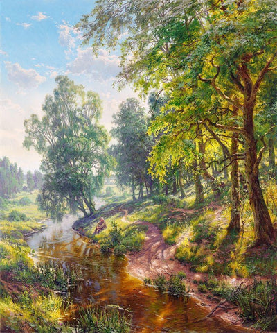 Landscape with a stream Black Ornate Wood Framed Art Print with Double Matting by Basov, Sergej