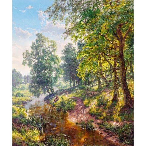 Landscape with a stream Black Modern Wood Framed Art Print by Basov, Sergej
