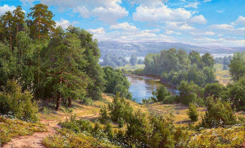Landscape with river - 2  Black Ornate Wood Framed Art Print with Double Matting by Basov, Sergej