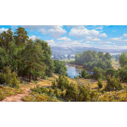 Landscape with river - 2  Black Modern Wood Framed Art Print by Basov, Sergej