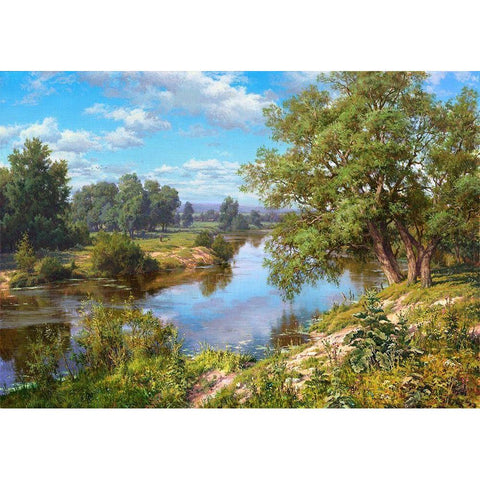 Landscape with river Gold Ornate Wood Framed Art Print with Double Matting by Basov, Sergej