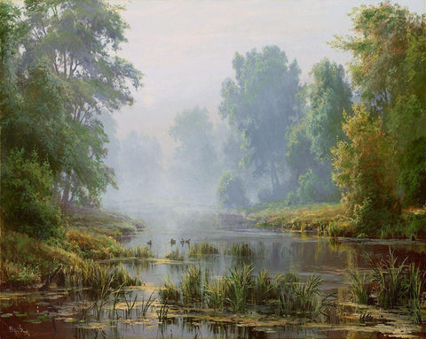 The morning White Modern Wood Framed Art Print with Double Matting by Basov, Sergej