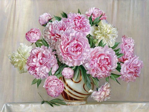 Peonies 2 White Modern Wood Framed Art Print with Double Matting by Buzin, Igor