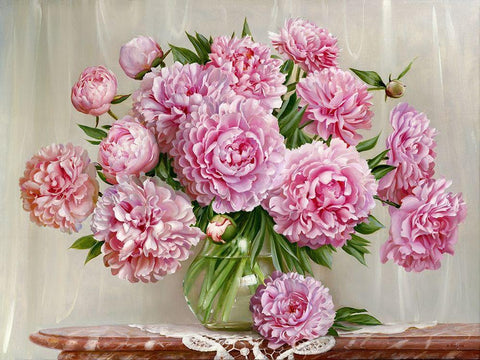 Peonies on a marble table White Modern Wood Framed Art Print with Double Matting by Buzin, Igor