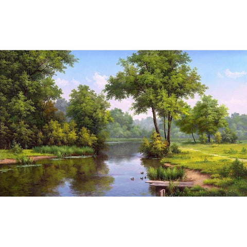 Landscape with ducks Gold Ornate Wood Framed Art Print with Double Matting by Babichev, Vyacheslav