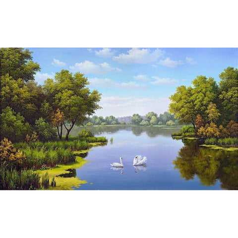 Landscape with swans Gold Ornate Wood Framed Art Print with Double Matting by Babichev, Vyacheslav