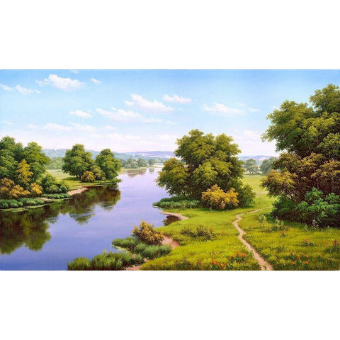 Landscape with the river  Black Modern Wood Framed Art Print by Babichev, Vyacheslav