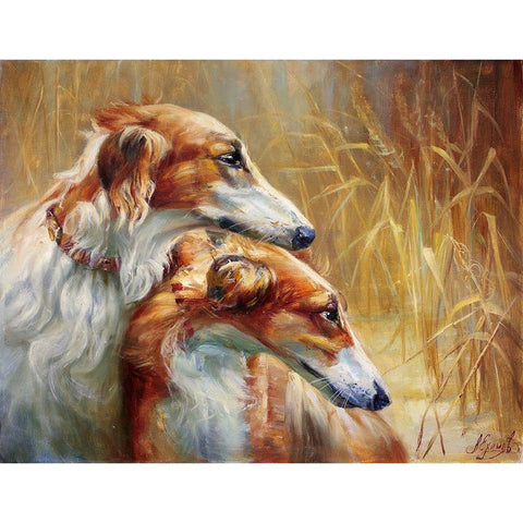 Russian greyhounds on the hunt Gold Ornate Wood Framed Art Print with Double Matting by Ekimov, Vladimir