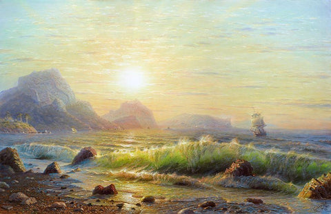 Morning. Surf waves White Modern Wood Framed Art Print with Double Matting by Goryachev, Alexander