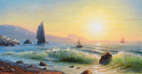 Morning. Rock. Sail White Modern Wood Framed Art Print with Double Matting by Goryachev, Alexander