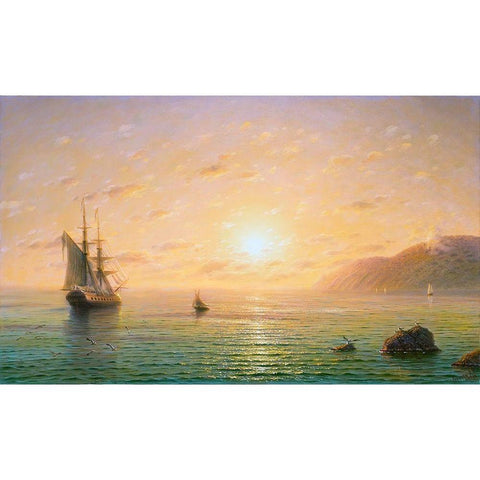Sailboat in the sea. Morning Black Modern Wood Framed Art Print with Double Matting by Goryachev, Alexander