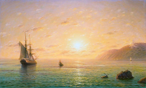 Sailboat in the sea. Morning White Modern Wood Framed Art Print with Double Matting by Goryachev, Alexander