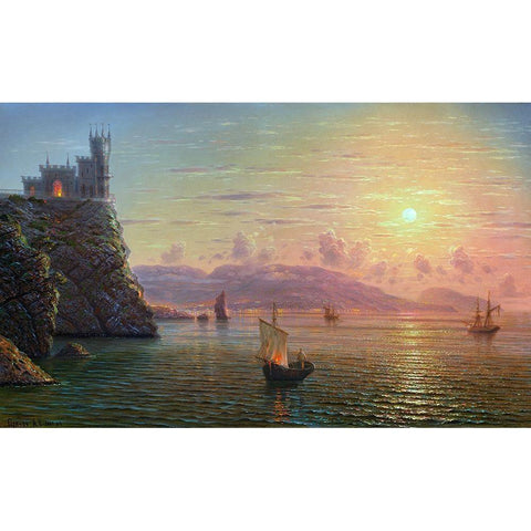 Moonlight night. Yalta view Gold Ornate Wood Framed Art Print with Double Matting by Goryachev, Alexander