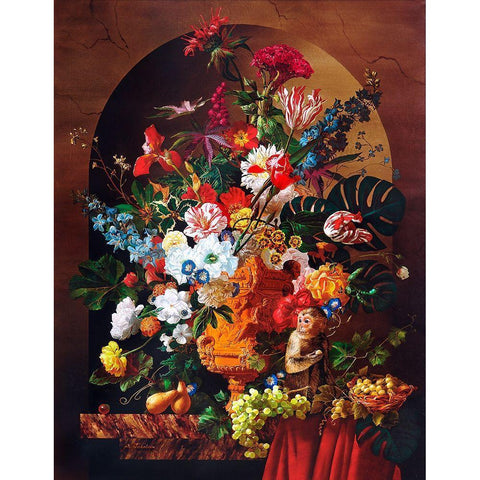 Still life with a monkey, flowers and fruits Black Modern Wood Framed Art Print with Double Matting by Golovin, Konstantin