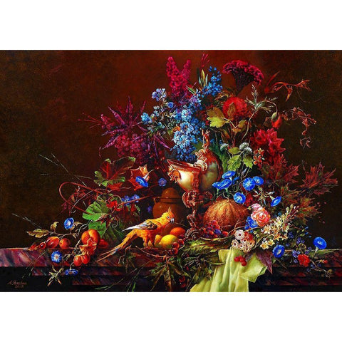Still-life with a parrot Black Modern Wood Framed Art Print with Double Matting by Golovin, Konstantin