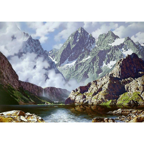 Mountain waterfall White Modern Wood Framed Art Print by Golovin, Konstantin