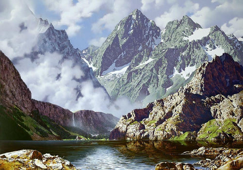 Mountain waterfall White Modern Wood Framed Art Print with Double Matting by Golovin, Konstantin