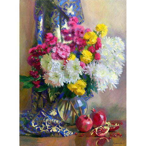 Chrysanthemums and pomegranates White Modern Wood Framed Art Print by Goryacheva, Svetlana