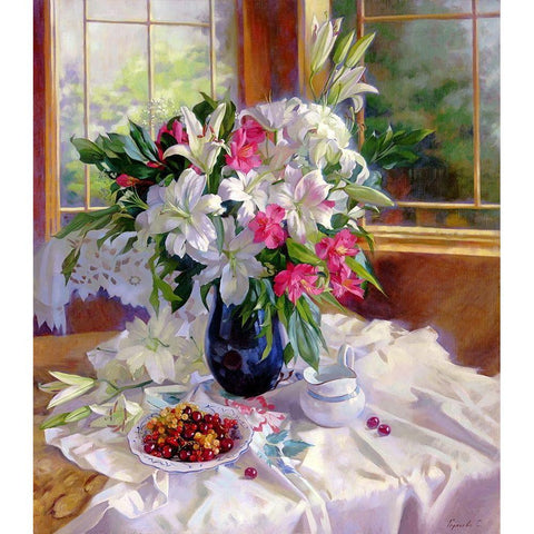 Lilies on the terrace White Modern Wood Framed Art Print by Goryacheva, Svetlana