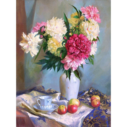 Peonies and apples White Modern Wood Framed Art Print by Goryacheva, Svetlana