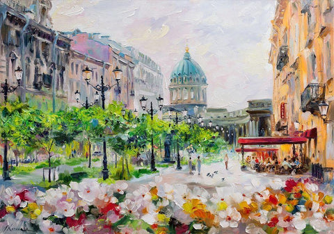 Small Konyushennaya. View of Kazan cathedral White Modern Wood Framed Art Print with Double Matting by Kotinova, Galina