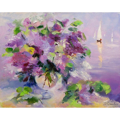 Lilac and yachts White Modern Wood Framed Art Print by Kotinova, Galina