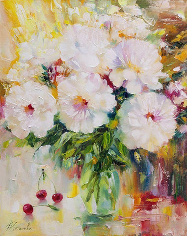 Peonies White Modern Wood Framed Art Print with Double Matting by Kotinova, Galina