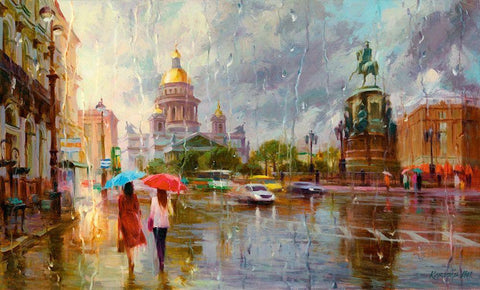 Summer rain in St. Petersburg White Modern Wood Framed Art Print with Double Matting by Kovalev, Vladimir